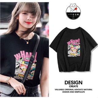 เสื้อท็อปแขนสั้น ลาย Blackpink lisa สีดํา