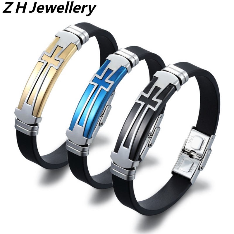 Z H เครื่องประดับ สเตนเลส ไม้กางเขน ซิลิโคน สร้อยข้อมือ ผู้ชายและผู้หญิง แฟชั่นคู่ สร้อยข้อมือ ย้อนยุค ฮิปฮอป ร็อค ปาร์ตี้ เครื่องประดับ อุปกรณ์เสริม