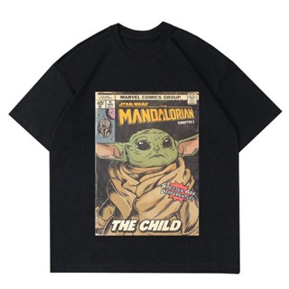 พร้อมส่ง ผ้าฝ้ายบริสุทธิ์ T-shirt    MANDALORIAN  T-SHIRT VINTAGE STAR WARS COMIC MANDALORIAN  KAOS BAJU HITAM KOMIK