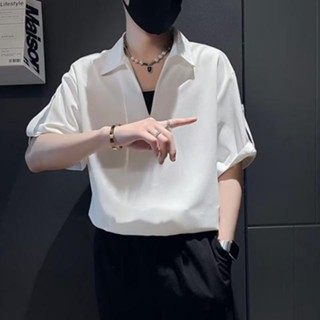 เสื้อยืด คอวี คอปก สีพื้น สไตล์เกาหลี สีขาว แฟชั่นสําหรับผู้ชาย