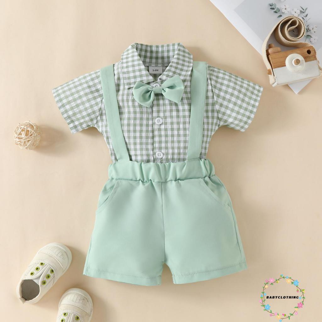 Babyclom-ชุดสุภาพบุรุษสําหรับเด็กผู้ชายลายสก๊อตแขนสั้นชุดและกางเกงขาสั้นแขวนยืดลําลอง