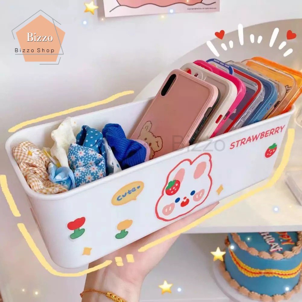ฟรีสติ๊กเกอร์✨ กล่องตะกร้าเก็บของยาวมีหูจับ สีขาวจัดของเป็นระเบียบ