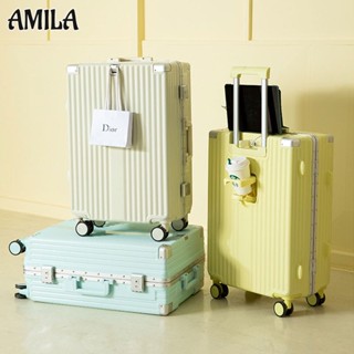 AMILA กระเป๋าเดินทางโครงอลูมิเนียม 20 นิ้ว แฟชั่นและอินเทรนด์ กระเป๋าใส่รถเข็นอเนกประสงค์ พร้อมช่องเสียบยูเอสบี พร้อมที่วางแก้วแบบพับได้ ขึ้นเครื่องได้ กันน้ำและทนต่อการสึกหรอ