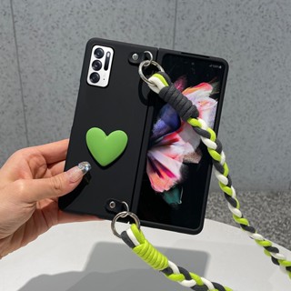 เคสโทรศัพท์มือถือ ผิวด้าน ลายหัวใจ สีเขียว พร้อมสายคล้องยาว สําหรับ Samsung Galaxy Z Fold 5 4 3 2 5G