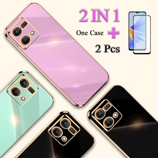 2 IN 1 OPPO Reno 7 4G F21 Pro 4G เคสชุบขอบทอง พร้อมกระจกนิรภัยโค้ง ป้องกันหน้าจอเซรามิก