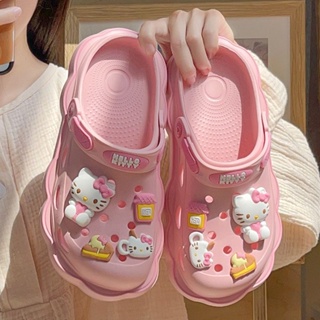 รองเท้าแตะลําลอง ส้นแบน ลาย Hello Kitty Kuromi Cinnamoroll Crocs Y2K เหมาะกับฤดูร้อน สําหรับเด็กผู้หญิง ของขวัญวันเกิด