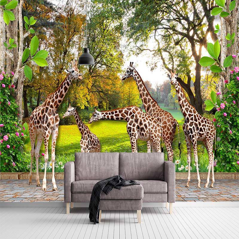 ที่กําหนดเองภาพจิตรกรรมฝาผนังวอลล์เปเปอร์ภาพ 3D สัตว์โลกยีราฟบ้านและป่าเด็ก & 39;s Room TV พื้นหลังว