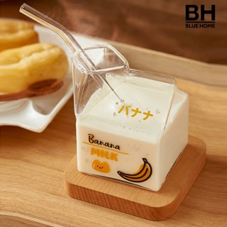 (BH) แก้วนม พิมพ์ลายผลไม้ ทรงสี่เหลี่ยม ขนาด 400 มล. ไม่ซ้ําใคร สําหรับใส่อาหารเช้า