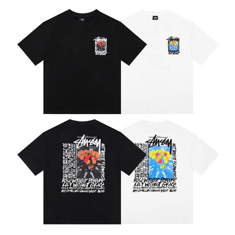 Fashion STUS*&Y เสื้อยืดลําลอง ผ้าฝ้าย แขนสั้น คอกลม พิมพ์ลายดอกกุหลาบ ทรงหลวม สําหรับผู้ชาย และผู้หญิง