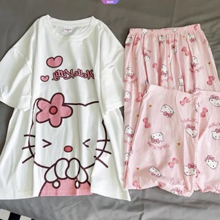 SANRIO ใหม่ ชุดนอน เสื้อแขนสั้น ทรงหลวม พิมพ์ลายการ์ตูนอนิเมะ Hello Kitty น่ารัก สองชิ้น เหมาะกับฤดูร้อน สําหรับผู้หญิง [RAIN]