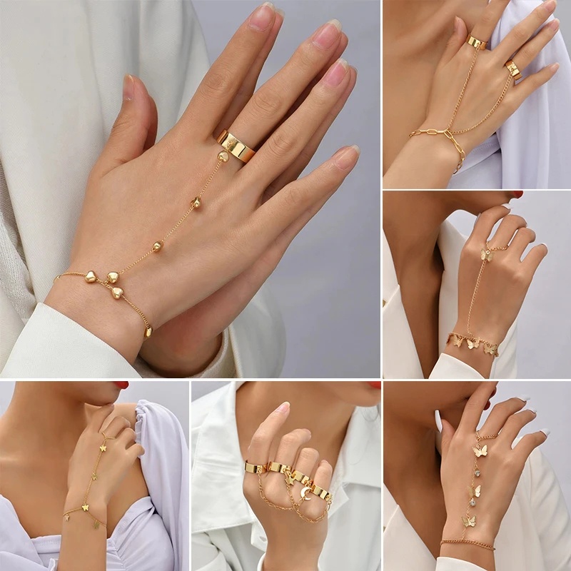 สร้อยข้อมือโซ่ จี้ผีเสื้อ หัวใจ เรียบง่าย เชื่อมต่อแหวนนิ้ว สร้อยข้อมือ สําหรับผู้หญิง เชื่อมโยง มือ สายรัด เครื่องประดับ ของขวัญ ฤดูร้อน
