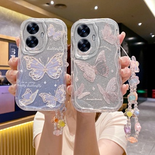 เคสโทรศัพท์มือถือ ลายดอกไม้ ผีเสื้อ แต่งกลิตเตอร์ พร้อมสายคล้องสั้น สําหรับ Realme 8 5G C55 C25 C12 C15 C2