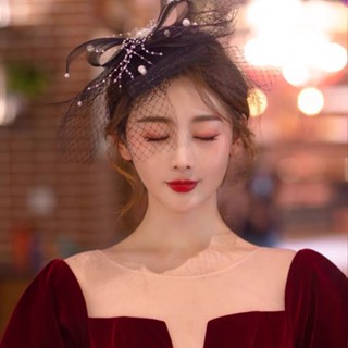 Vintage Burgundy Hairpin Velvet Bow Mesh Side Clip Face Covering Celebrity Style Bride Toasting Dress Wedding Headwear