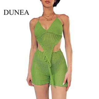 Dunea ชุดเสื้อแขนกุด เปิดหลัง กางเกงขาสั้น เอวสูง ผ้าถัก เข้ารูป