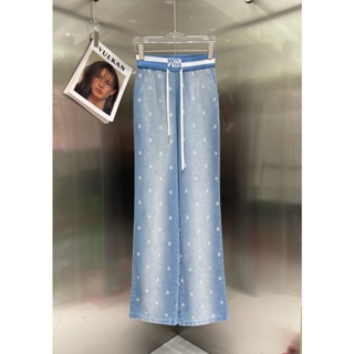 2ARR Alexander Wang @ 23 spring and summer fashion letter printing washed old drawstring elastic waist design denim all-match wide leg trousers