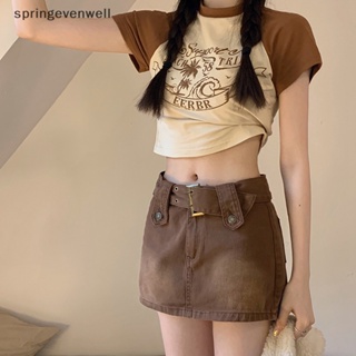 [springevenwell] ใหม่ พร้อมส่ง เสื้อยืดครอปท็อป คอกลม แขนสั้น พิมพ์ลาย สไตล์อเมริกัน เรโทร ฤดูร้อน สําหรับผู้หญิง