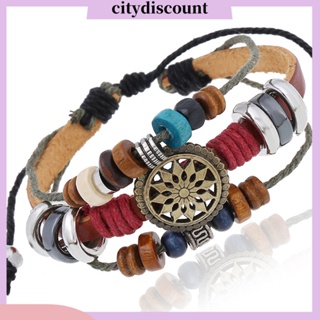 &lt;citydiscount&gt; สร้อยข้อมือ กําไลข้อมือหนังเทียม ลูกปัดไม้ถัก สามชั้น ปรับได้ ของขวัญตกแต่ง ผู้ชาย ผู้หญิง เชือกถัก กําไลข้อมือ เครื่องประดับ สําหรับสวมใส่ทุกวัน