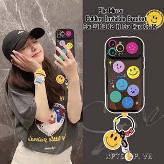 เคสโทรศัพท์มือถือแบบนิ่ม กันกระแทก กันรอยกล้อง ลาย Miley Face M bean+Pendant พร้อมกระจกพับได้ สําหรับ iPhone 14 Pr oMax 13 12 11 Pro Max