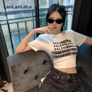 Lanlanlolo เสื้อยืดลําลอง แขนสั้น คอกลม ทรงสลิมฟิต พิมพ์ลาย สําหรับสตรี 2023