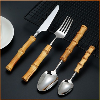 Creative Retro ไม้ไผ่ Handle Tableware Western ช้อนส้อมเค้กช้อนขนมหวานบนโต๊ะอาหาร -FE