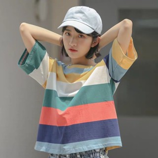 เสื้อยืดคอกลม ผ้าเรยอน พิมพ์ลายทาง ทรงหลวม สําหรับผู้หญิง