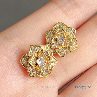 Fancy ต่างหูสตั๊ด รูปดอกไม้ ประดับเพทาย หรูหรา สีเงิน สีทอง เครื่องประดับ สําหรับเจ้าสาว