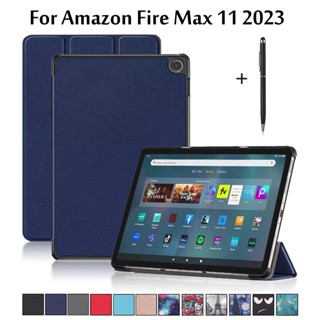 เคสโทรศัพท์มือถือ แบบฝาพับ พิมพ์ลายแมว และดอกไม้น่ารัก สําหรับ Amazon Fire Max 11 2023