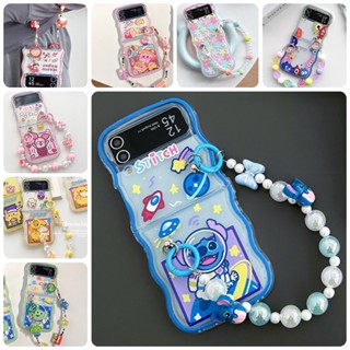 เคสโทรศัพท์มือถือ ซิลิโคนนิ่ม Tpu ใส พร้อมสายคล้อง ประดับไข่มุก ลายการ์ตูนสัตว์ สําหรับ Samsung Galaxy Z Flip 4 Z Flip 3