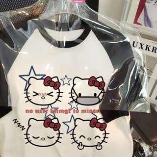 เสื้อยืดแขนสั้นลําลอง ผ้าฝ้าย ทรงหลวม พิมพ์ลาย Hello Kitty แฟชั่นฤดูร้อน สําหรับสตรี และนักเรียน 2023