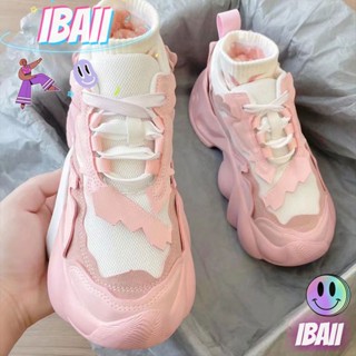 IBAII.  รองเท้าพ่อสีชมพูระเบิดผู้หญิงย้อนยุคส้นหนาสุทธิรองเท้าอินเทรนด์สีแดง