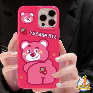 เคสโทรศัพท์มือถือ ซิลิโคนนิ่ม Tpu กันกระแทก ลายการ์ตูนหมีสตรอเบอร์รี่น่ารัก สีแดงกุหลาบ สําหรับ iPhone 14 13 12 11 Pro Max X Xr Xs Max 8 7 6 6s Plus SE 2020