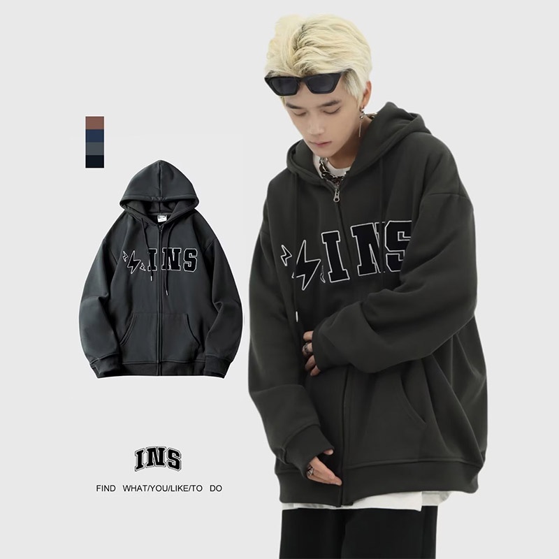 Suikone เสื้อแจ็คเก็ตมีฮู้ดผู้ชายสไตล์อเมริกันลำลองตัวอักษรเรียบง่ายพิมพ์เสื้อแจ็คเก็ตแขนยาวทั้งชายและหญิงสามารถสวมใส่ได้ — صورة 8