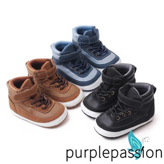 Purplepassion- รองเท้าผ้าใบหนังนิ่ม ข้อสูง กันลื่น สีตัดกัน สําหรับเด็กทารกแรกเกิด