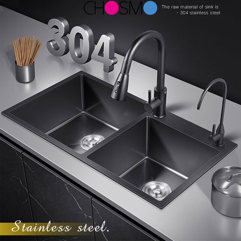 อ่างล้างจานสีดำ อ่างเดียว ซิงค์ล้างจาน อ่างล้างจาน NANO 304 สแตนเลสทำมือครัว สีดำและสีเงิน 80x45cm