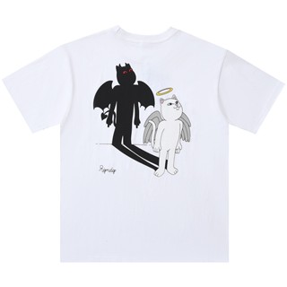 Ripndip เสื้อยืดแขนสั้น พิมพ์ลายแมวนิ้วกลาง นางฟ้า และปีศาจ สําหรับผู้ชาย และผู้หญิง 0723