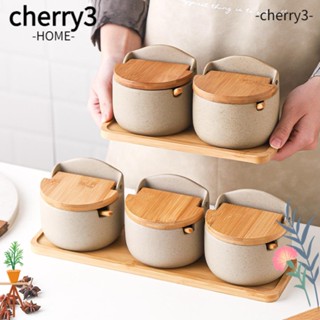 Cherry3 หม้อเก็บเครื่องปรุง เซรามิค ไม้ไผ่ ฝาไม้ เรียบง่าย สําหรับห้องครัว