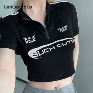 Lanlanlolo เสื้อยืดคอกลม แขนสั้น มีซิป สีตัดกัน สําหรับผู้หญิง 2023