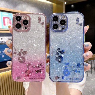 เคสโทรศัพท์มือถือ TPU นิ่ม แบบป้องกัน ลายดอกกุหลาบ ประดับกลิตเตอร์ พลอยเทียม หรูหรา สําหรับ iPhone 15 14 13 12 11 Pro Max 15 Plus