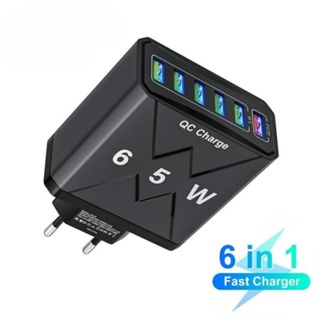 อะแดปเตอร์ชาร์จโทรศัพท์มือถือ 65W 6 พอร์ต USB QC 3.0 ชาร์จเร็ว สําหรับ Samsung Xiaomi