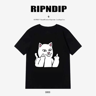 เสื้อยืดแขนสั้น ผ้าฝ้าย พิมพ์ลายแมว RIPNDIP ทรงหลวม สไตล์อเมริกัน สําหรับผู้ชาย และผู้หญิง