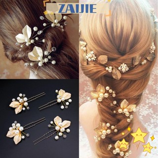 Zaijie24 กิ๊บติดผม รูปใบไม้ ประดับมุก คริสตัล พลอยเทียม สีทอง สีเงิน สําหรับงานแต่งงาน ปาร์ตี้