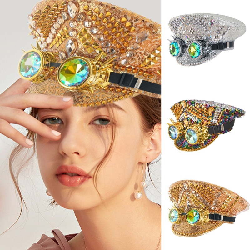Whi Gold Rivets Multicolor Diamonds Sequined Men Steampunk Hat Gothic Stage