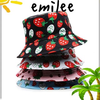 Emilee หมวกบักเก็ตผู้หญิง ลายสตรอเบอร์รี่ หมวกชาวประมง กันแดด