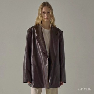 [New autumn] n * thing writt * n leather coat womens 2023 loose mid-length niche designer suit 2LRC