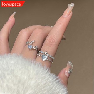 Lovespace แหวนอัลลอย เพทาย รูปหัวใจ สีฟ้า ปรับได้ เครื่องประดับแฟชั่น สําหรับผู้หญิง K8L6