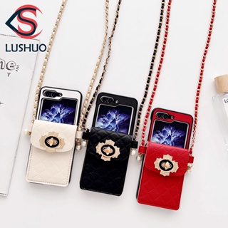 Lushuo เคสโทรศัพท์มือถือหนัง ฝาพับ พร้อมช่องใส่บัตร และสายคล้อง หรูหรา สําหรับ Samsung Galaxy Z Flip 5 ZFlip5 ZFlip 5