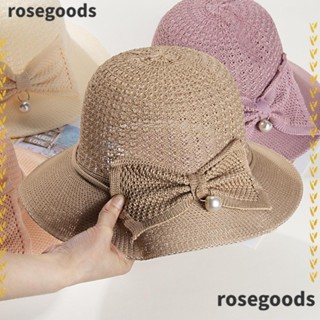 Rosegoods1 หมวกฟางถัก ประดับไข่มุก ระบายอากาศ ขนาดใหญ่ สําหรับเดินทาง