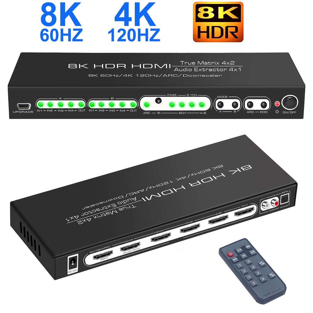 8k 4x2 HDMI Matrix พร ้ อม Analog Digital 4x1 Audio Extractor 4 in 2 Out 8K HDMI2.1 Matrix Video Switch Splitter 4K120Hz 8K60HZ สําหรับ PS5 XBOX กล ้ องแล ็ ปท ็ อป PC To TV Monitor โปรเจคเตอร ์