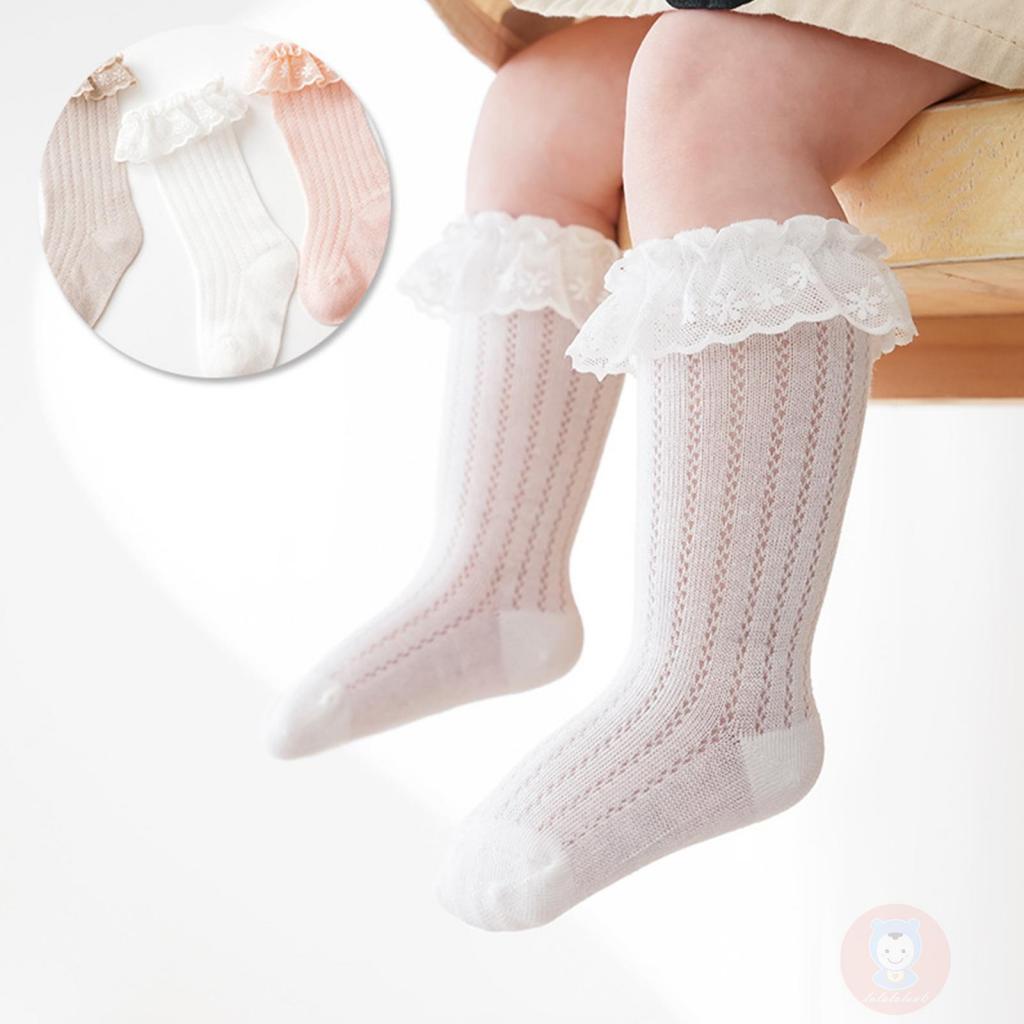 Laa6-เด็กสาวนุ่ม Frilly Breathable Lace Ruffle เข่าถุงเท้าสูง