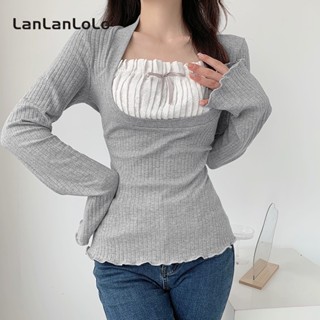 Lanlanlolo เสื้อถักลําลอง แขนยาว คอสี่เหลี่ยม แต่งจับจีบ สีคอนทราสต์ สําหรับสตรี 2023